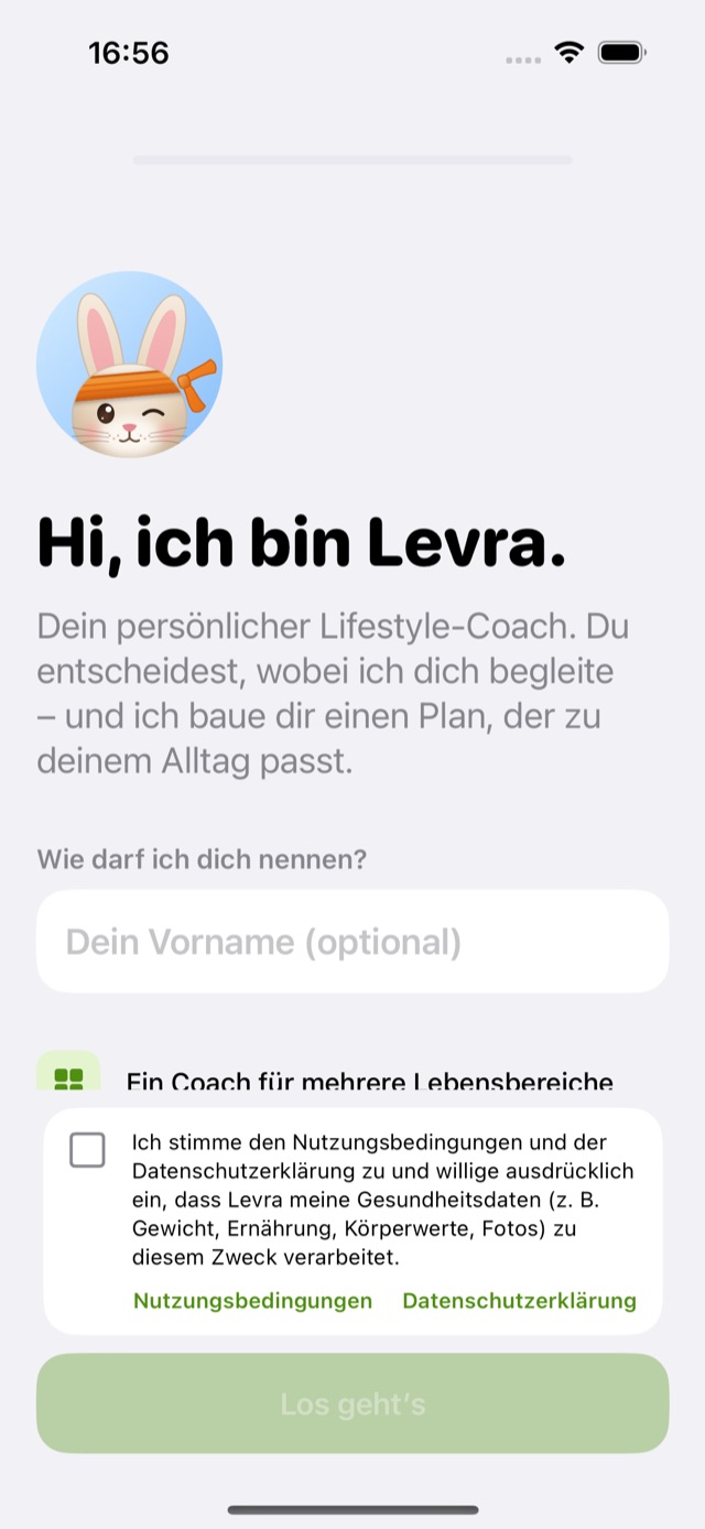 Begrüßungsbildschirm von Levra