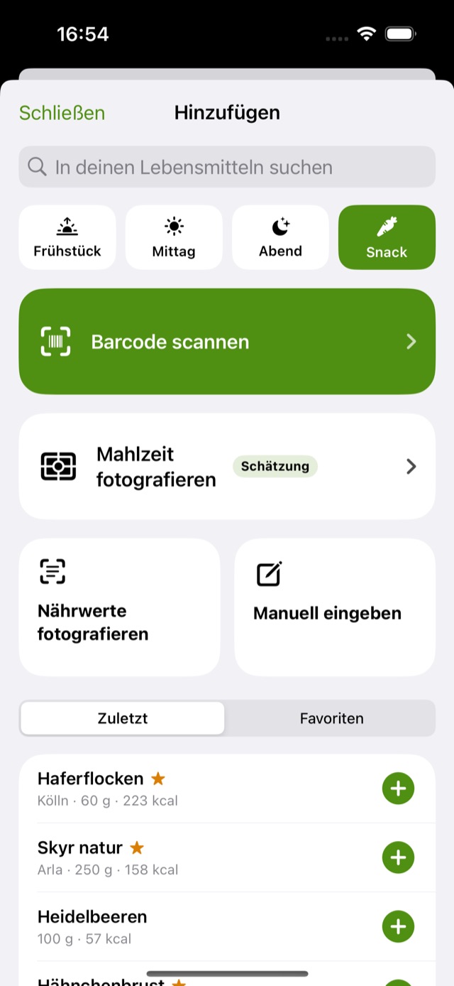 Hinzufügen: Mahlzeit wählen, Barcode scannen, Mahlzeit fotografieren, Nährwerte fotografieren, manuell eingeben