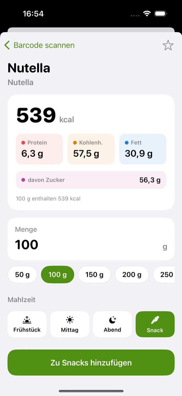 Gescanntes Produkt mit Kalorien, Makros und Mengenauswahl