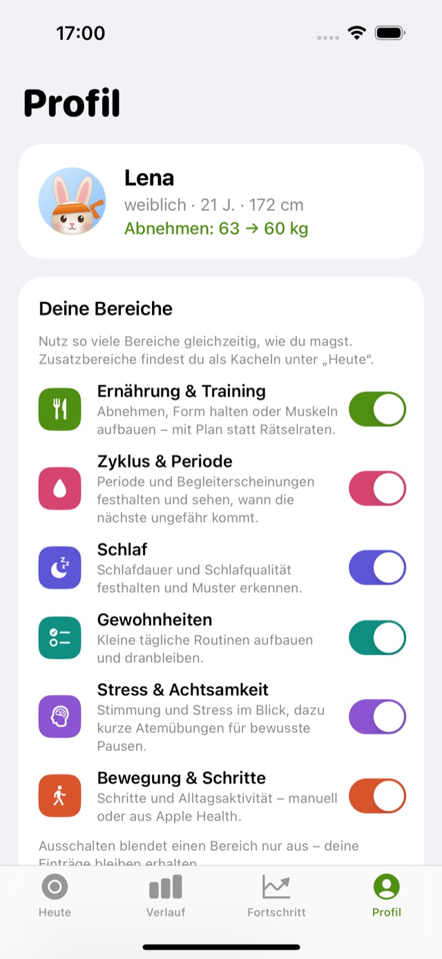 Tab Profil mit den Schaltern für alle sechs Bereiche