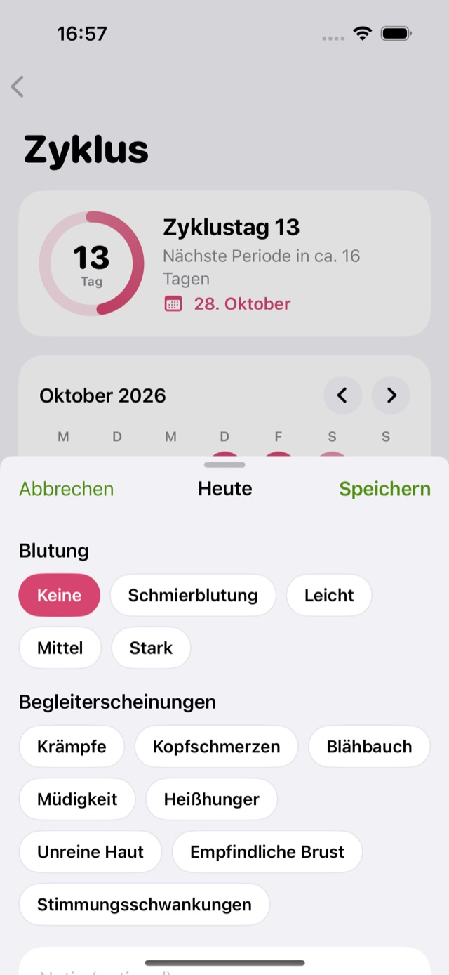 Tag eintragen: Blutung und Begleiterscheinungen