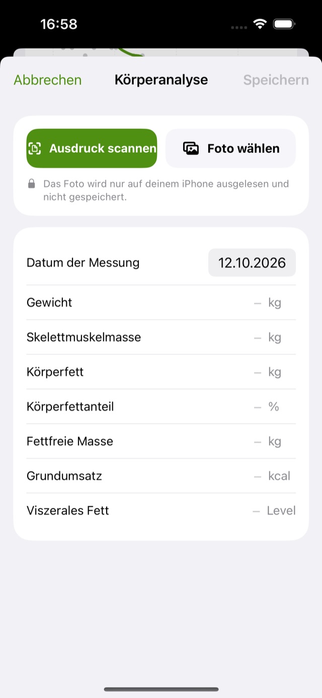 Neue Körperanalyse: Ausdruck scannen oder Foto wählen