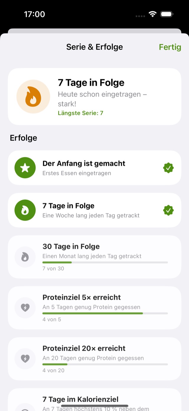 Serie und Erfolge: 7 Tage in Folge, Liste der Erfolge mit Fortschritt