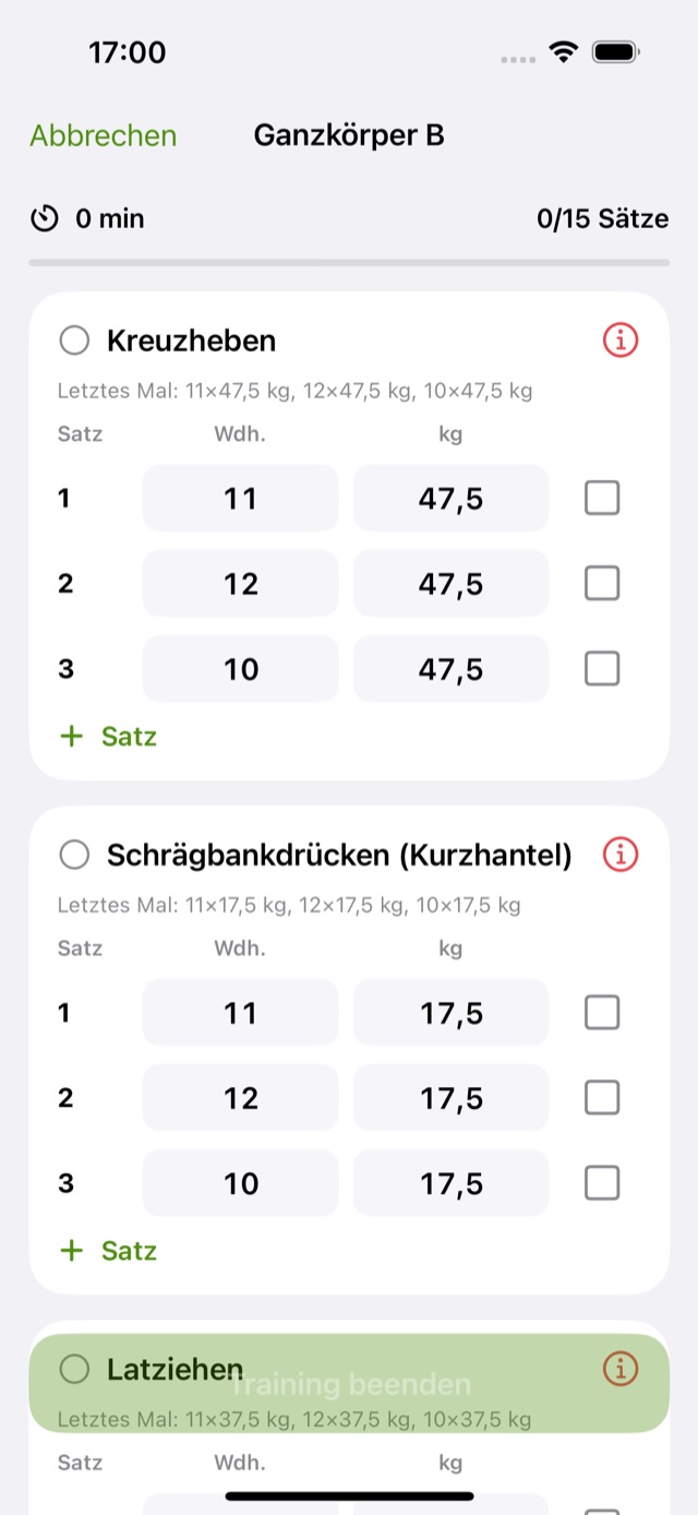 Training-Modus: Sätze abhaken, letztes Mal und Vorschlag fürs Gewicht