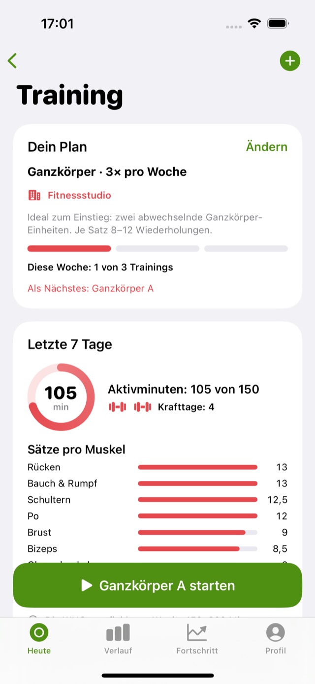Training mit Plan, Wochenaktivität und Fortschritt pro Übung