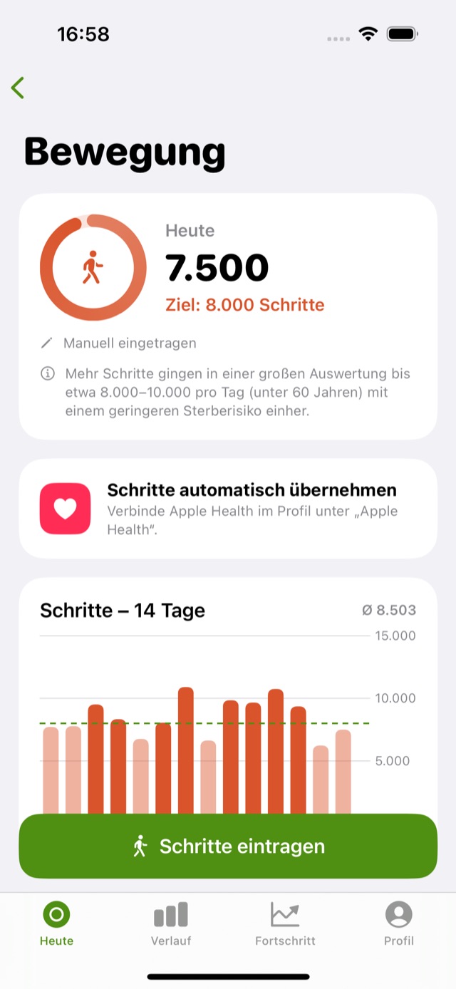 Bewegung mit Schritten, Tagesziel und 14-Tage-Diagramm