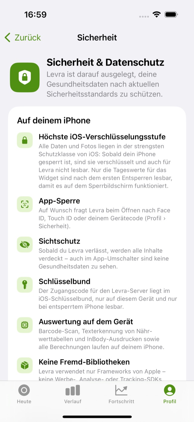 „So schützt Levra deine Daten“ in der App