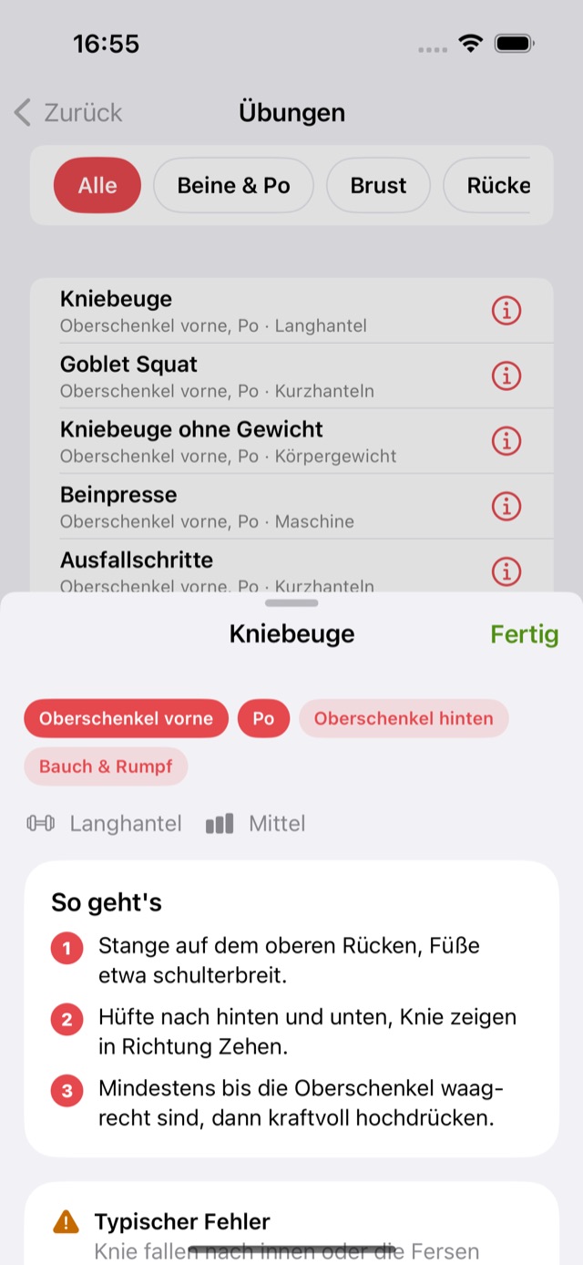 Übung mit Technik-Schritten, typischem Fehler und Alternativen