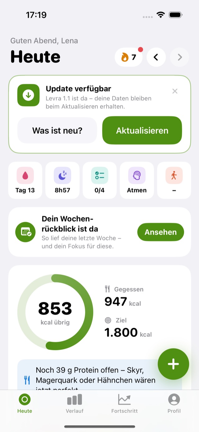 Hinweis in Heute: Update verfügbar, mit „Was ist neu?“ und „Aktualisieren“