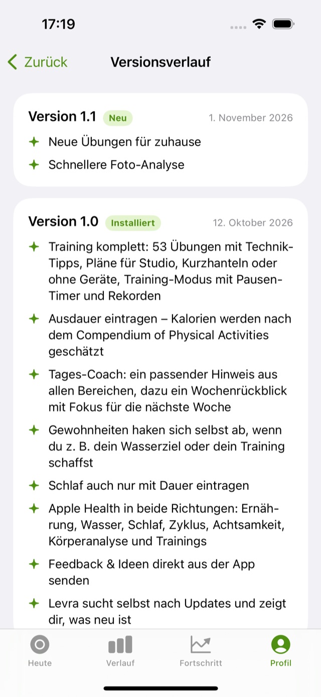 Versionsverlauf in der App mit allen Neuerungen